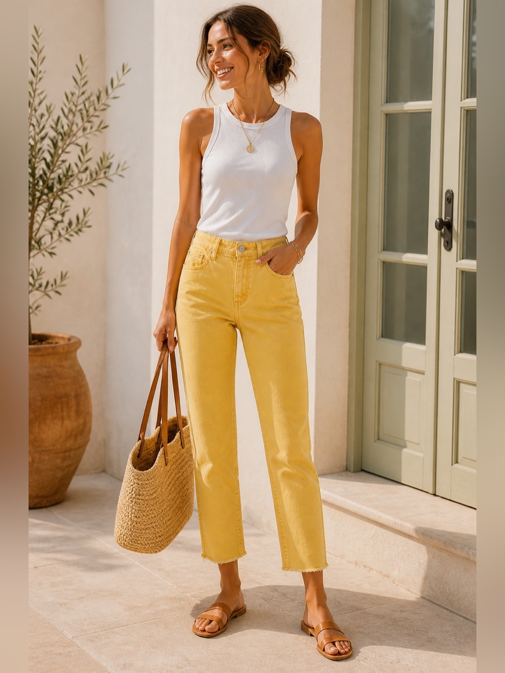 PAIGE Cindy Crop High Rise Straight Leg Jeans Yellow Vintage Sunshine 28